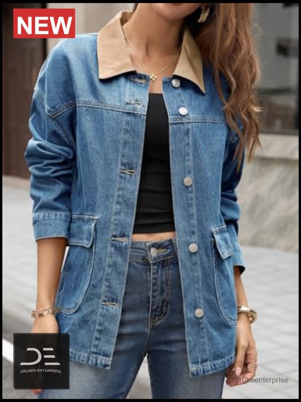 Oversized Denim Jacket with Contrast Canvas Collar - Picture 3 of 6